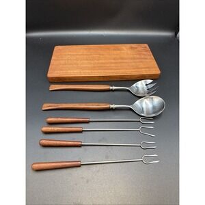 Rare EHRENREICH CHEESE CUTTING BOARD 12" TRAY Wood Denmark + Salad Servers Fondu